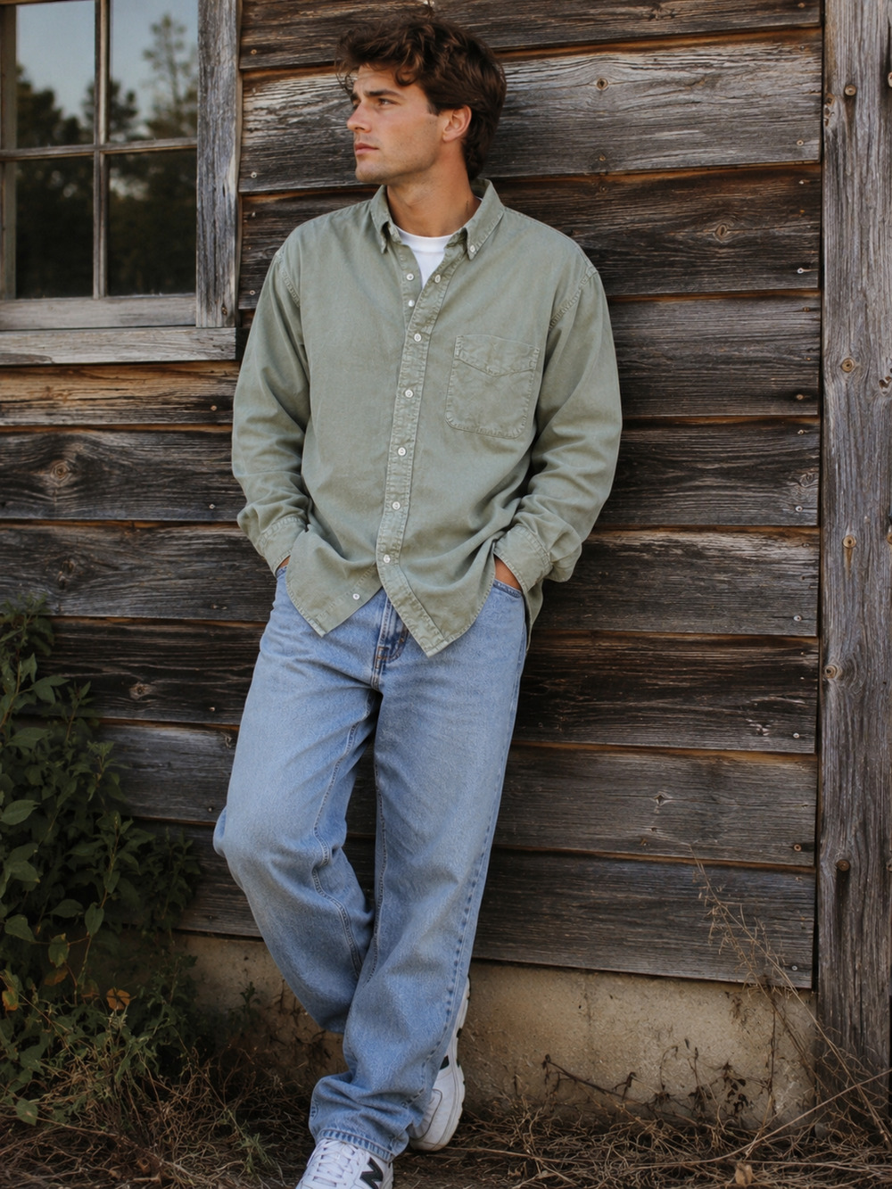 Vintage 90s Fresh Produce Mens M Sage Green Cotton Button Down Long Sleeve Shirt